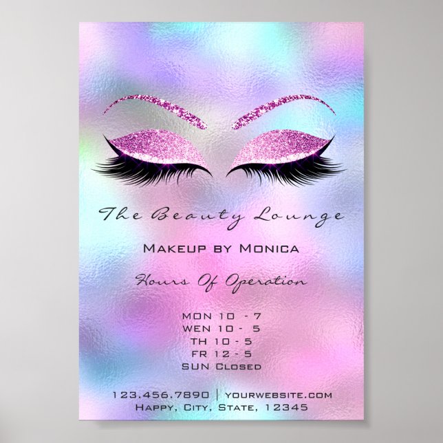 Poster Lashes Makeup Hours Abertura Bela Azul Rosa (Frente)