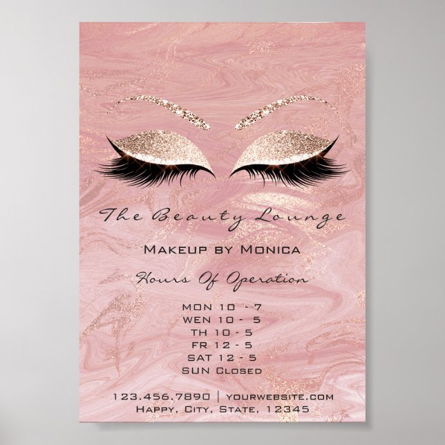Poster Lashes Makeup Hours Abertura Marble Salon Glitter (Frente)
