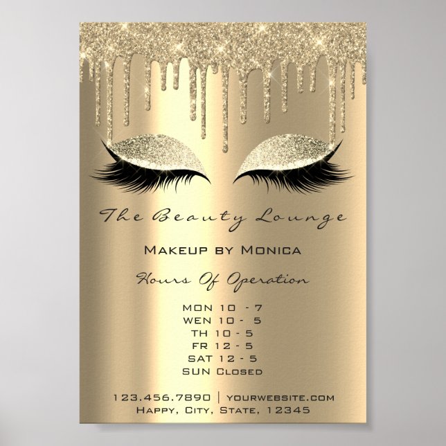 Poster Lashes Makeup Opening Hours Gold Salon Drips Spark (Frente)