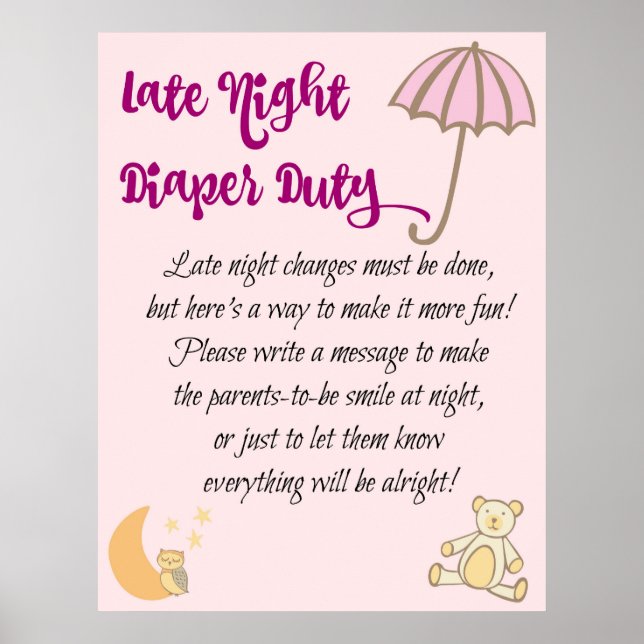 Poster Late Night Diaper Duty Sign Baby Shower Game (Frente)