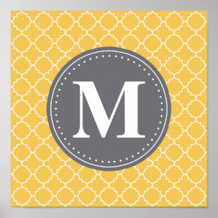 Poster Latice marroquina monograma em amarelo/Cinza