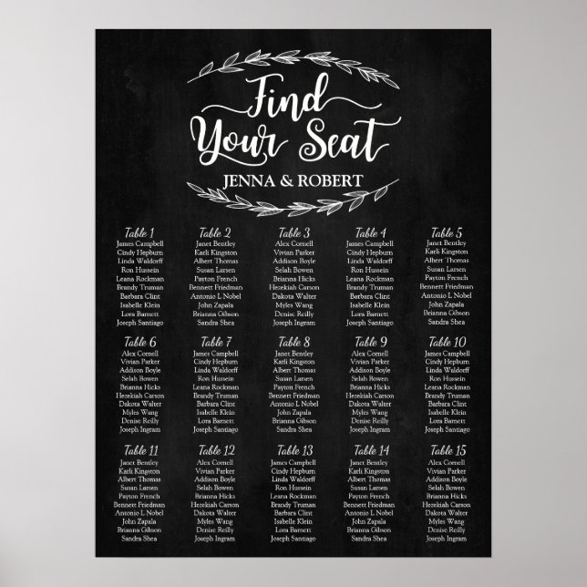 Poster Laurel Wedding Seating Chart, Cor Editável (Frente)