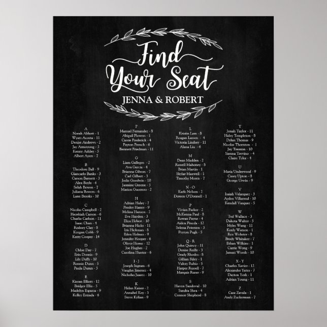 Pôster Laurel Wedding Seating Chart, Cor Editável (Frente)