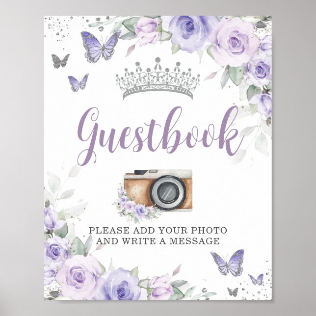 Poster Lavanda Chic Purple Floral Quinceañera Guestbook (Frente)