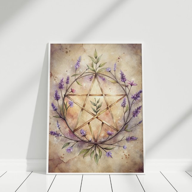 Poster Lavanda Pentacle Wall Art - Decor Doméstico das Br (Lavender Pentacle Wall Art - Soft Witch Home Decor in a white frame)