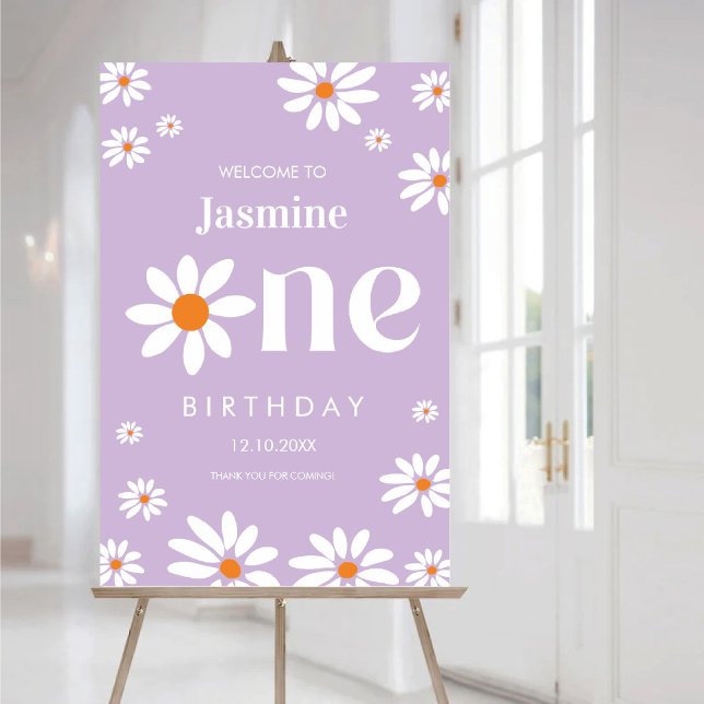 Poster Lavanda primeiro aniversario Groovy Daisy Florals  (1st Birthday Lavender Groovy Daisy Florals welcome Poster)
