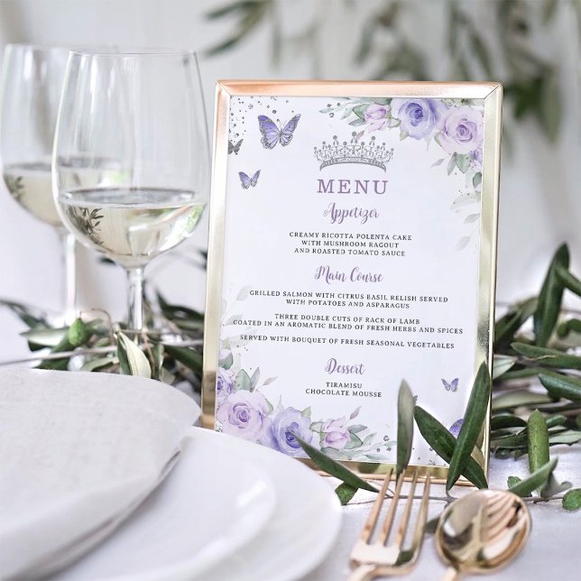 Poster Lavanda Roxa Borboleta Floral Quinceañera Menu (Criador carregado)