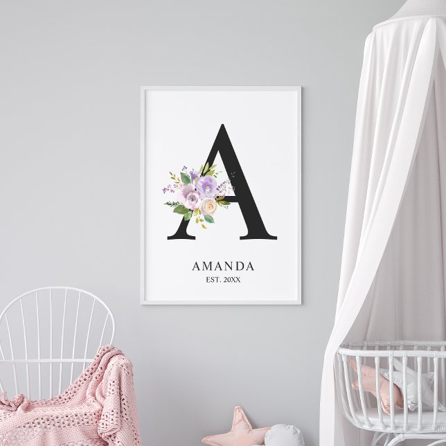 Poster Lavanda Roxo - Letra 'A' Nome do Nursery - Wall Ar (Criador carregado)
