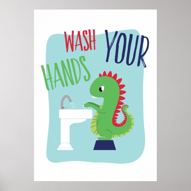 Pôster Lave Suas Mãos | Dino Bathroom Art (Frente)