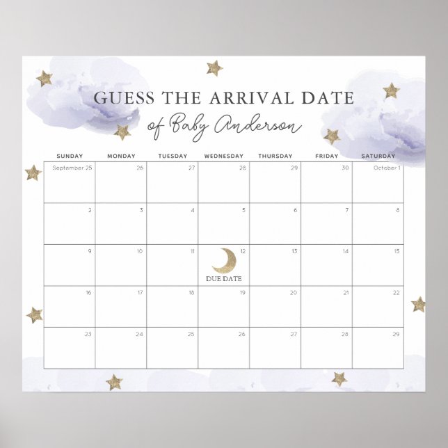 Poster Lavender Clouds Stars Guess The Due Date Calendar (Frente)