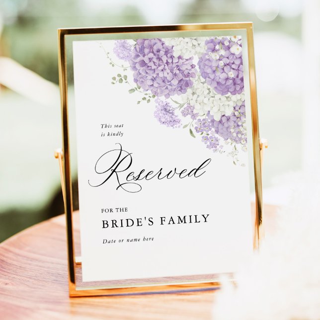 Poster Lavender Lilac White Floral Reserved Seat Sign 5x7 (Lavender lilac white hydrangea reserved wedding seating sign for bride family elegant ceremony decor)