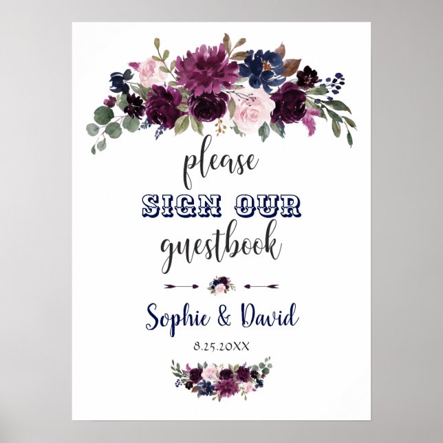 Poster Lavender Navy Floral Please Sign Our Guestbook (Frente)