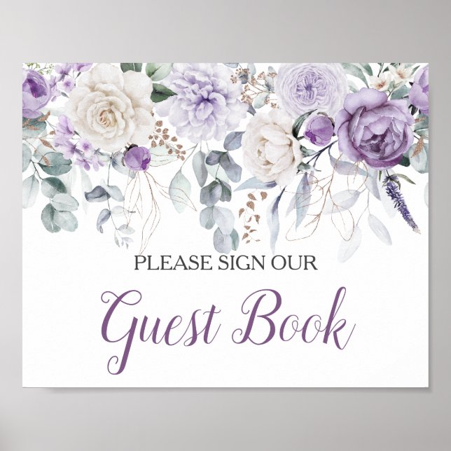 Poster Lavender Peonies White Roses Sign Our Guest Book (Frente)