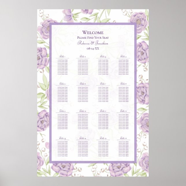 Poster Lavender Purple Rose Wedding Seating Chart (Frente)