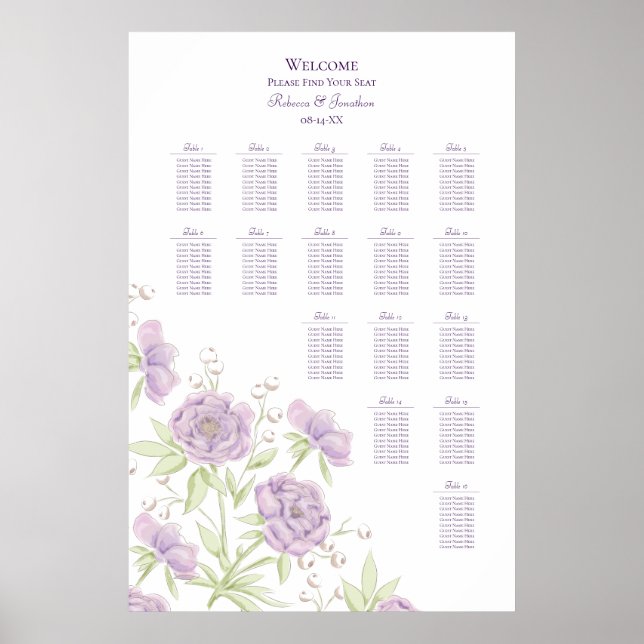 Poster Lavender Purple Rose Wedding Seating Chart (Frente)