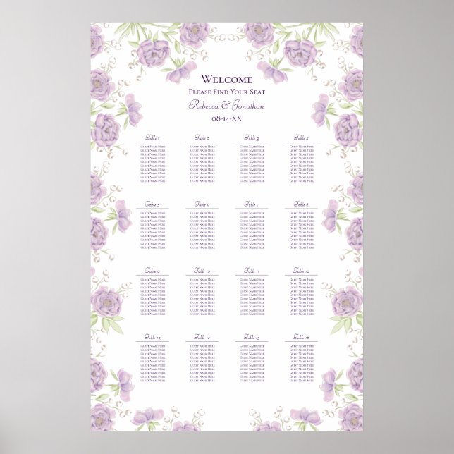 Poster Lavender Purple Rose Wedding Seating Chart (Frente)