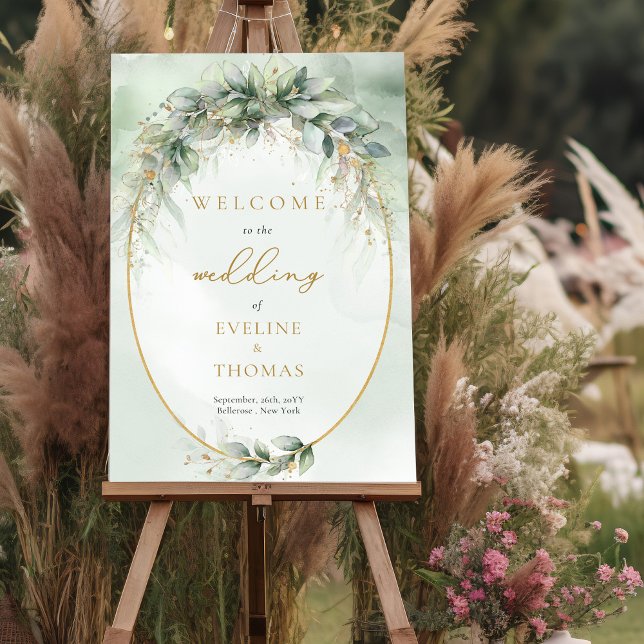 Poster Lavish greenerage dourado quadro de ouro Boas vind (Elegant boho eucalyptus greenery gold frame wedding welcome poster)