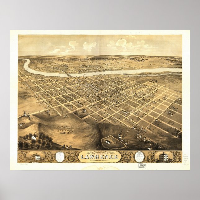 Pôster Lawrence 1869, KS Birds Eye Ver Mapa Panorâmico (Frente)