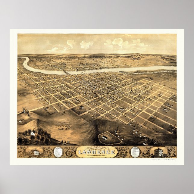 Poster Lawrence, KS Panorâmica Map - 1869 (Frente)
