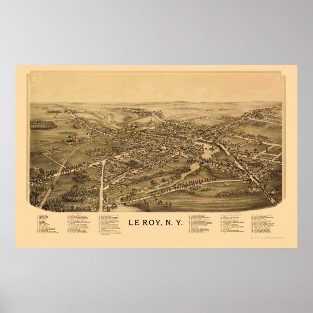 Poster Le Roy, Mapa Panorâmico NY - 1892 (Frente)