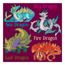 Pôster Leaf, sky, fire, sea Dragon pixel art