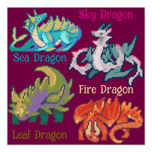 Pôster Leaf, sky, fire, sea Dragon pixel art (Frente)