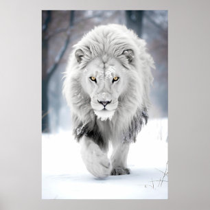 Poster Leão Branco Majestoso em Design de Paisagem Invern