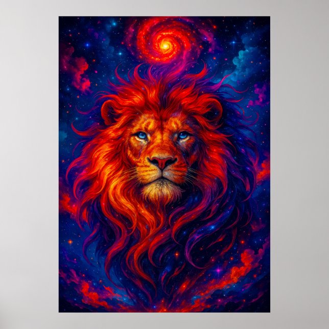 Poster Leão Cósmico com Fiery Galaxy Mane Fantasy (Frente)