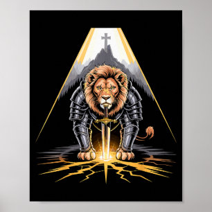 Poster Leão de Judá Espada e Cruz Guerreiro Cristão