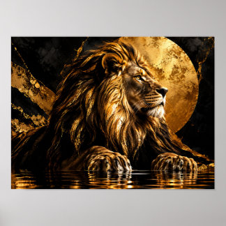 Poster Leão Dourado Metálico ao Luar