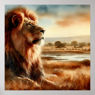 Poster Leão em Aquarela na Savana
