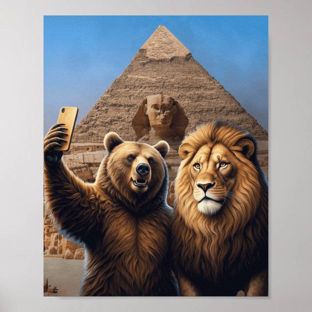 Poster Leão Engraçado Criativo e Selfie de Urso (Frente)