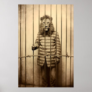 Poster Leão Engraçado em Estampa de Terno Listrado Animal