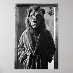 Poster Leão Engraçado em Robe de Banho Impressão, Banheir