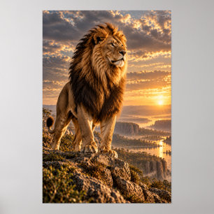 Poster Leão Macho em Mirante Rochoso ao Pôr do Sol Dourad