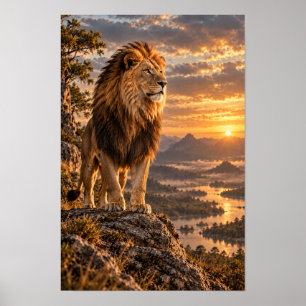 Poster Leão Macho em Mirante Rochoso ao Pôr do Sol Dourad