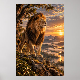 Poster Leão Macho em Mirante Rochoso ao Pôr do Sol Dourad