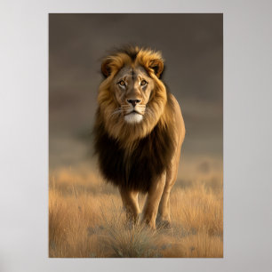 Poster Leão Majestoso na Savana Ouro