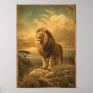 Poster Leão Majestoso – Safari Vintage Retro de Meados do