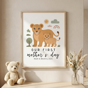 Poster Leão Pastel Mamãe Bebê Primeiro Dia das Mães Berçá