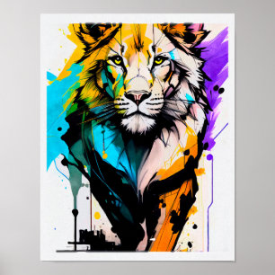 Poster Leão preto roxo azul formas linhas pinturas respin