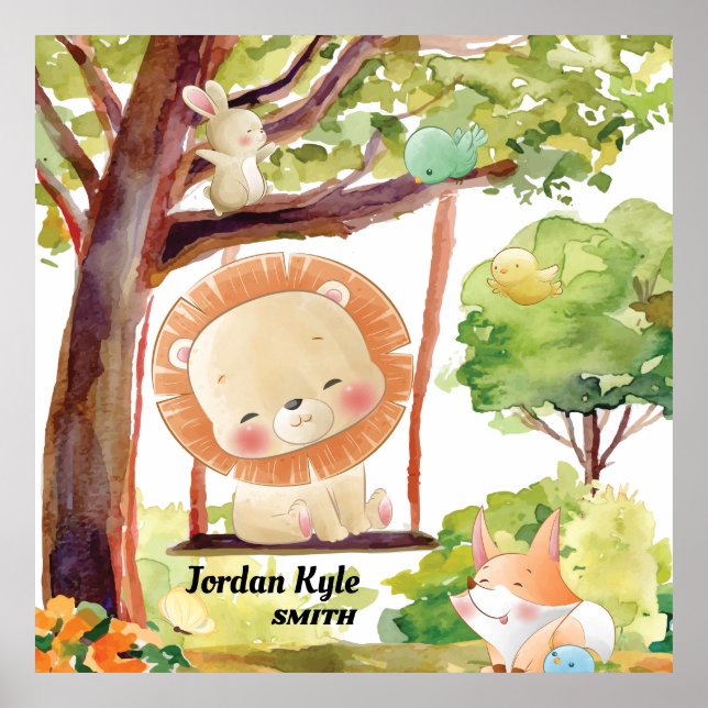 Poster Leão, Raposa, Coelho e Pássaros Balançando (Frente)