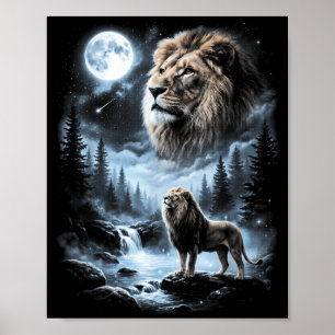 Poster Leão Uivando Para a Lua Animal de Safari Retro 90s