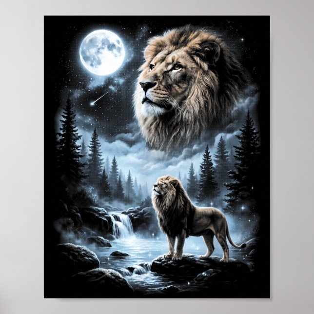 Poster Leão Uivando Para a Lua Animal de Safari Retro 90s (Frente)