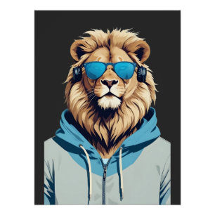 Pôster Leão Vestindo Hoodie Engraçado Caráter Legal do An