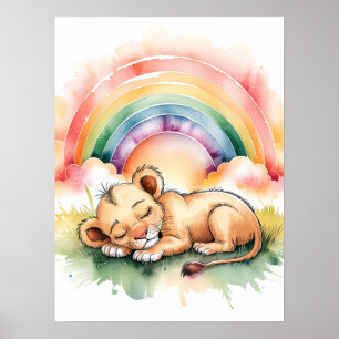 Poster Leãozinho Adormecido sob um Arco-íris - Aquarela