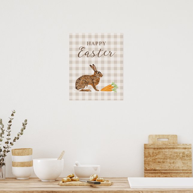 Poster Lebre Rústica E Cenouras Feliz Páscoa Xadrez Bege (Cozinha)