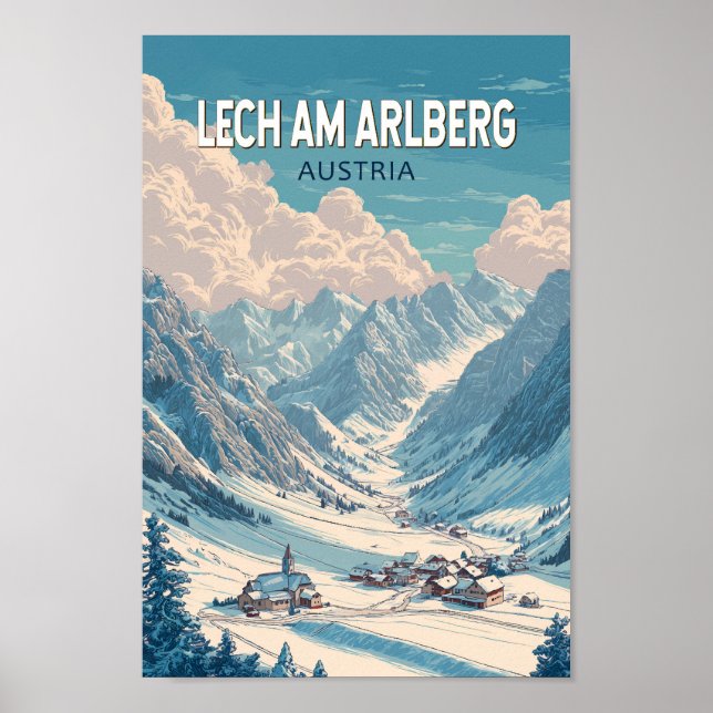 Poster Lech am Arlberg Áustria Ilustração Viagem Art (Frente)
