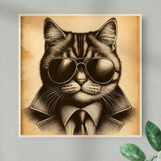 Poster Legal Gato Retroativo em Óculos de Sol Aviador, Se