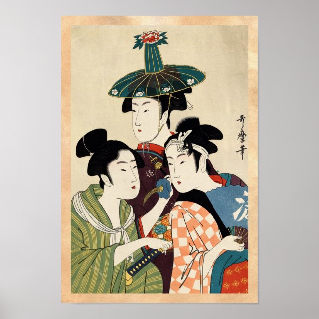 Pôster Legal japanesa vintage ukiyo-e trio Lady geisha ar (Frente)